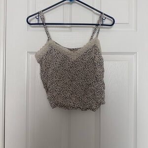 American Eagle Women's Cream and Black Spotted Crop Top